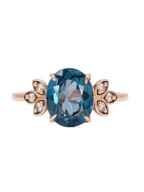 3.25 Ct Oval London Blue Topaz & Natural Diamond Ring in Solid 14K Rose Gold